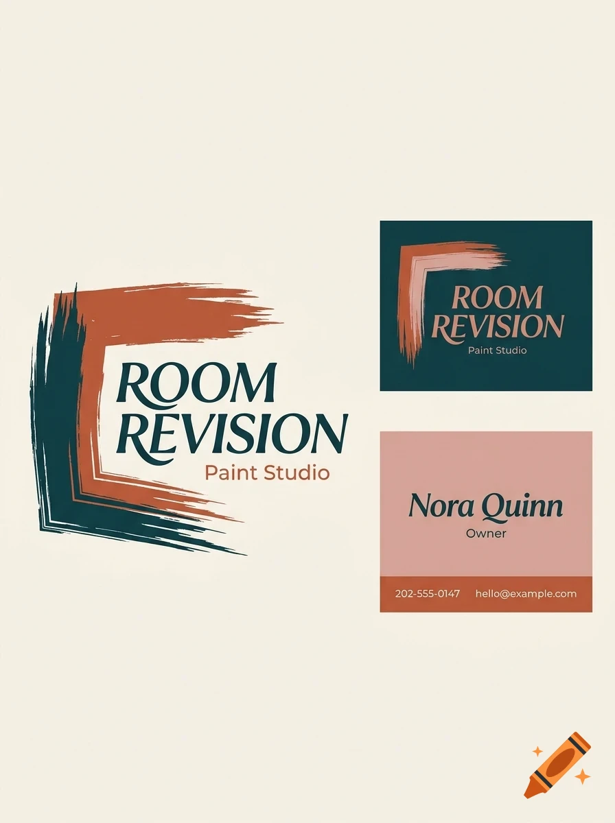 Branding design concept for Room Revision Paint Studio featuring brush stroke graphics and lettering.