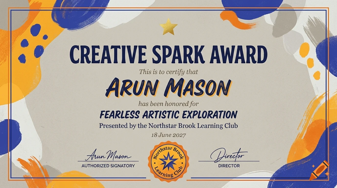 An award certificate featuring abstract blue and orange painted strokes in the corners, a gold star at the top center, and text honoring Arun Mason.