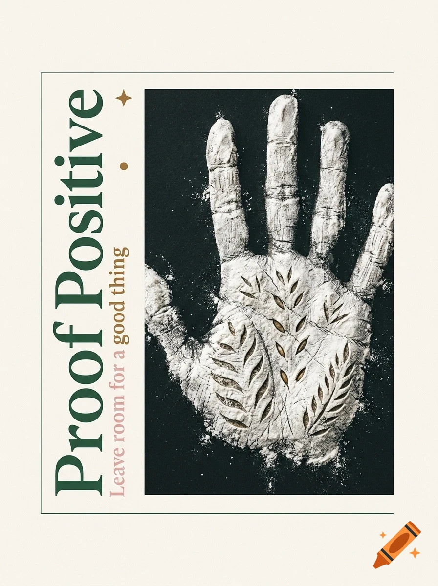 Graphic poster with the text Proof Positive and a hand covered in flour featuring carved leaf patterns.