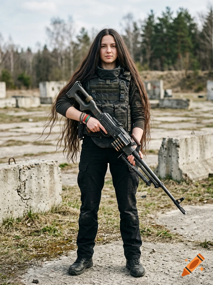 Full-length photorealistic portrait of a young woman with very long hair, wearing tactical vest and black pants, holding a heavy machine gun outdoors.