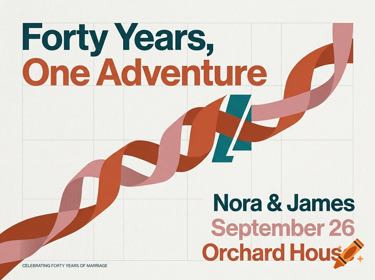 An invitation design with the text Forty Years, One Adventure, Nora & James, September 26, Orchard House, and a winding ribbon graphic.