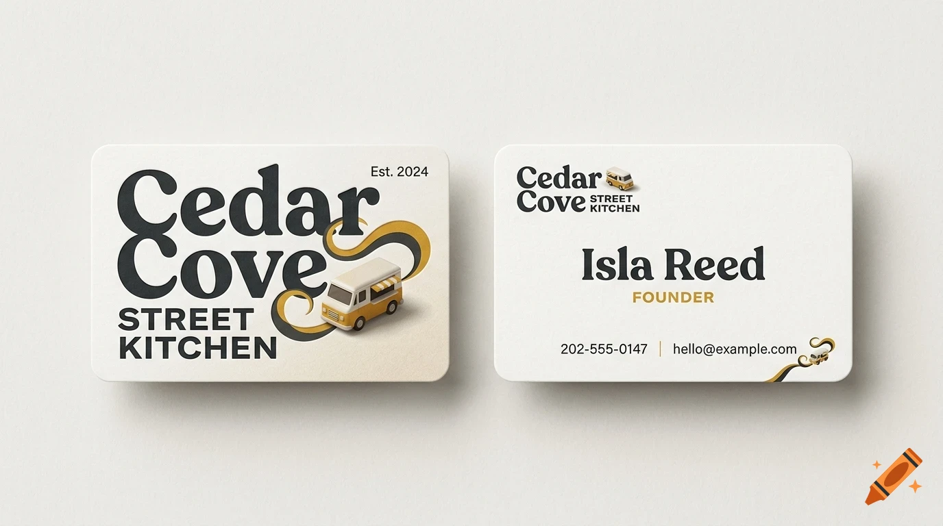 Two business cards for Cedar Cove Street Kitchen featuring typography, a food truck graphic, and contact information.