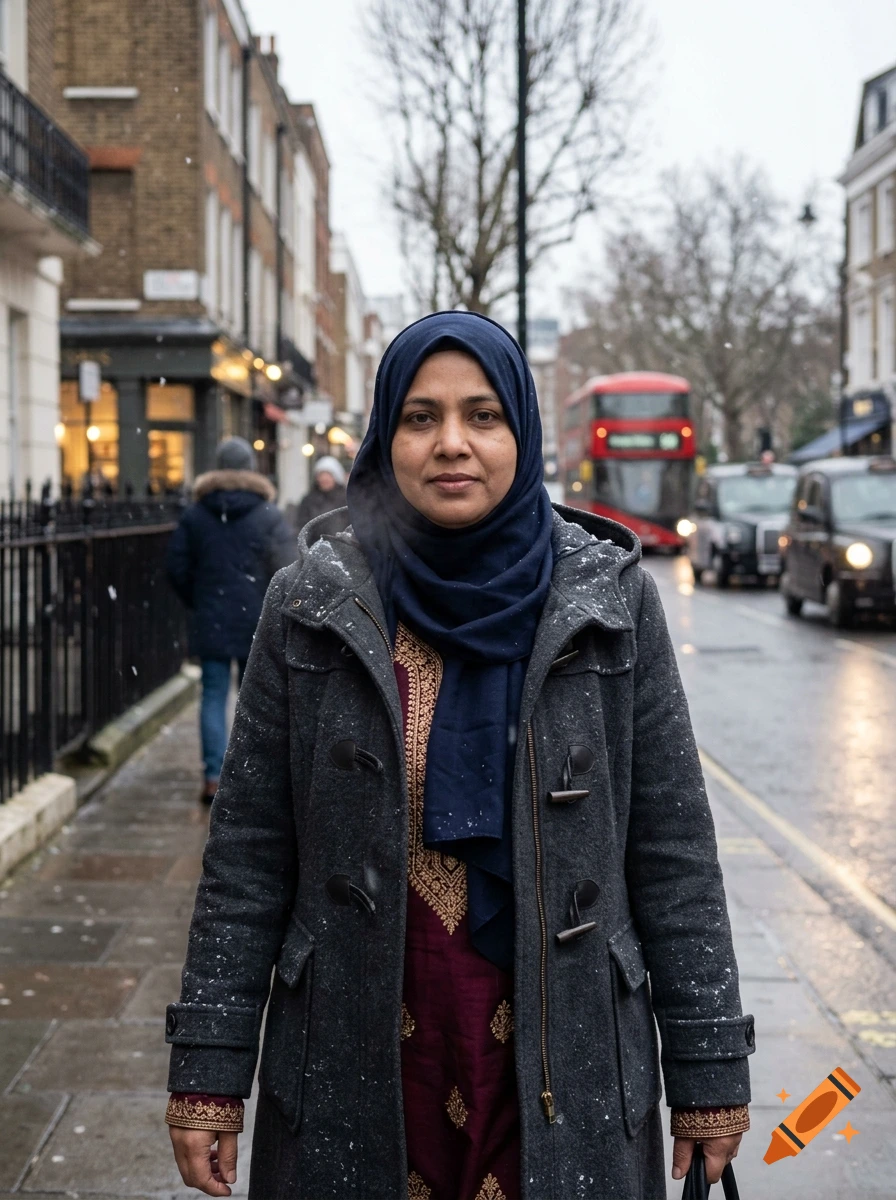Photorealistic shot of a Bangladeshi woman in a navy hijab, shalwar kameez, and grey duffle coat on a snowy London street.