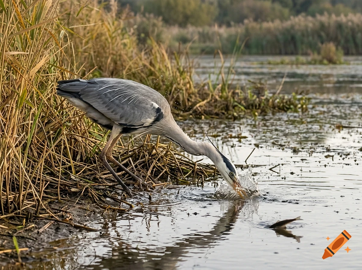 A grey heron hunting for fish in shallow water near tall reeds.