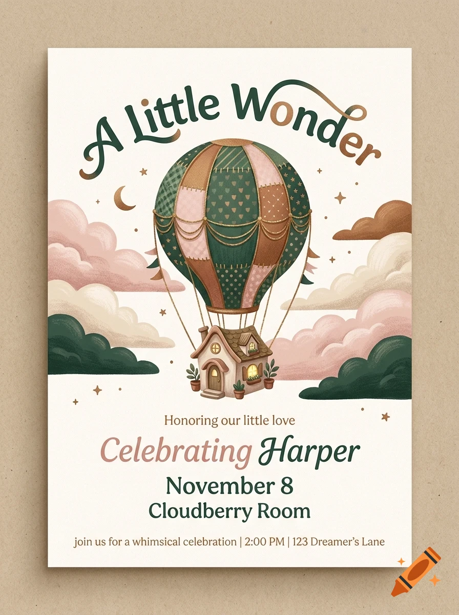 An invitation card featuring a hot air balloon carrying a small house amidst clouds and stars, with the text 'A Little Wonder' and 'Celebrating Harper'.