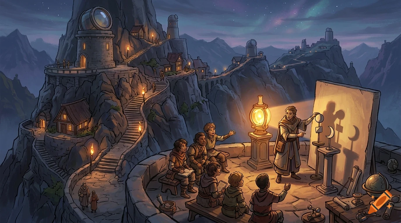 An illustrated scene at night of a teacher showing shadow puppets to a group of children on a mountain observatory terrace.