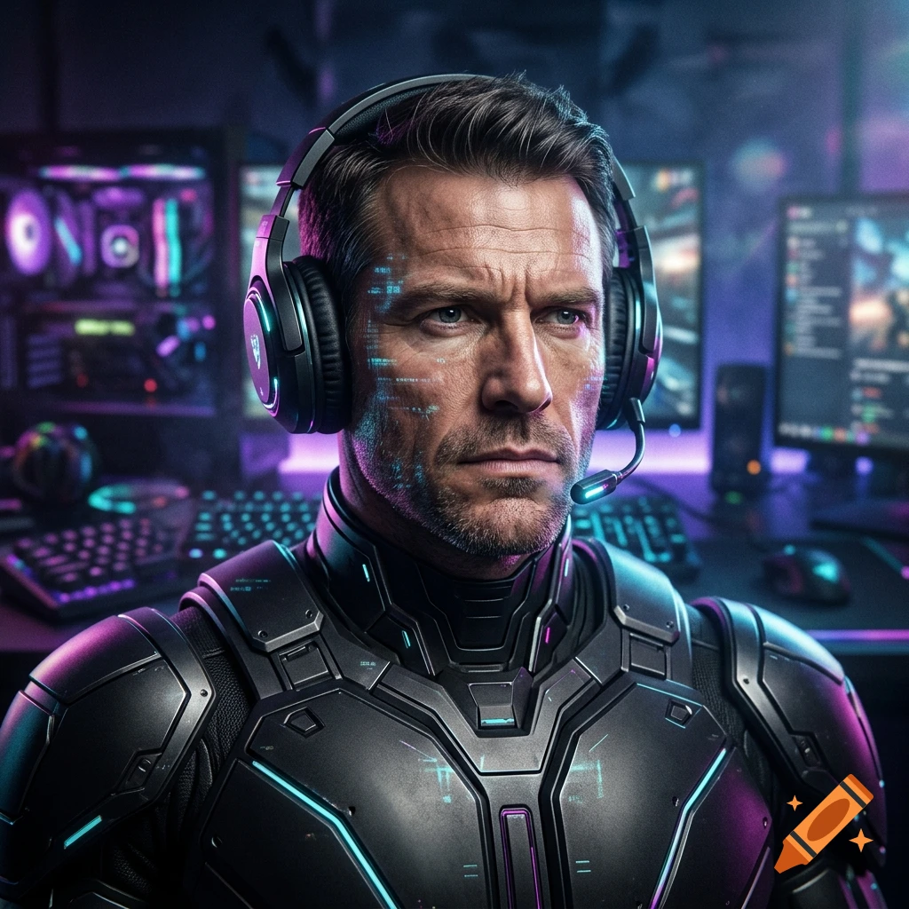 Close-up of a male gamer in a futuristic armor suit and headphones, sitting in front of a gaming PC setup.