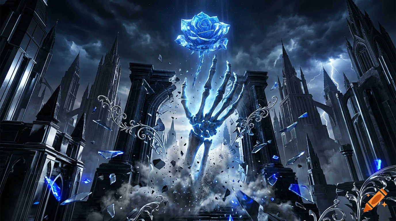 Cinematic dark fantasy scene featuring a giant skeletal hand bursting through a gothic gateway, holding a glowing blue rose beneath a stormy sky.