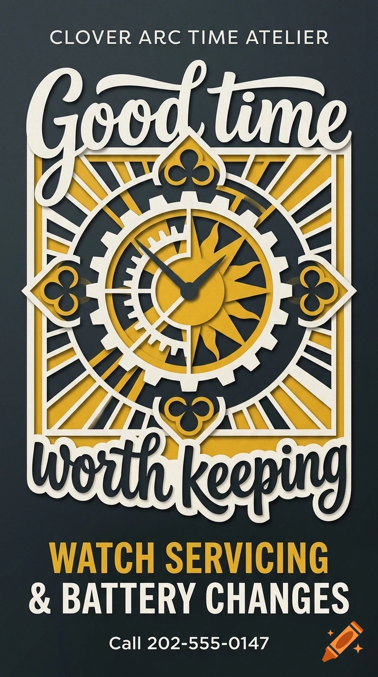 An advertisement design for a watch repair service featuring a clock face graphic, decorative patterns, and text including 'Good time worth keeping'.