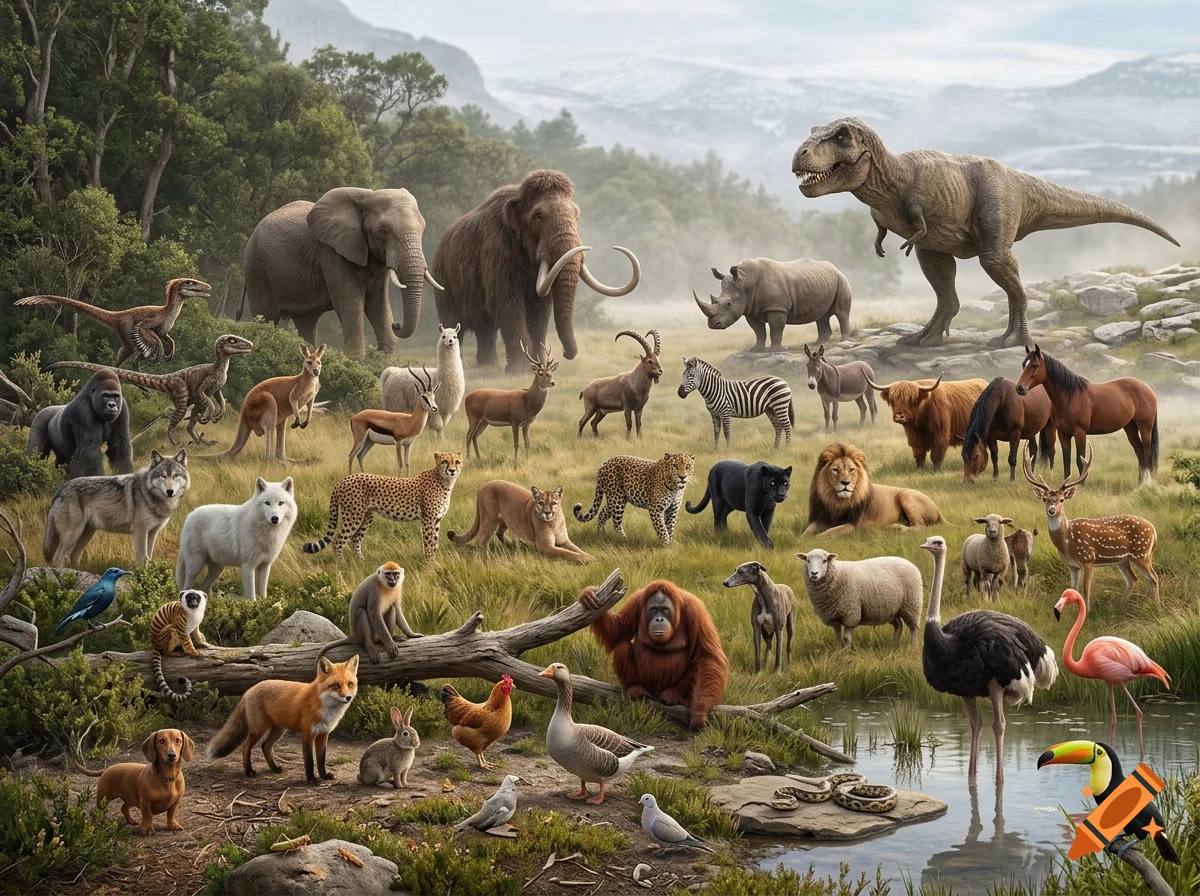 A photorealistic scene showing a diverse collection of prehistoric and modern animals coexisting in a lush landscape.