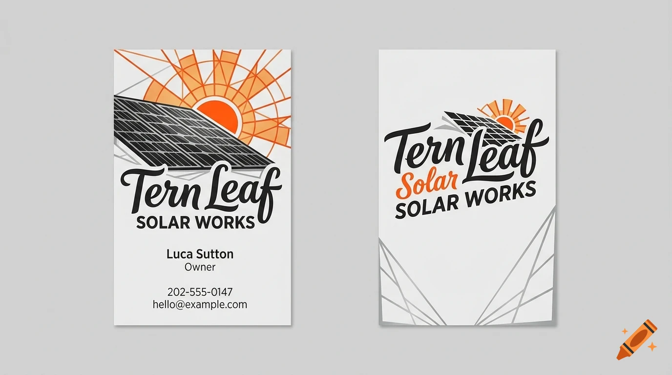 Two business card designs for Tern Leaf Solar Works featuring solar panel and sun graphics, lettering, and contact details.