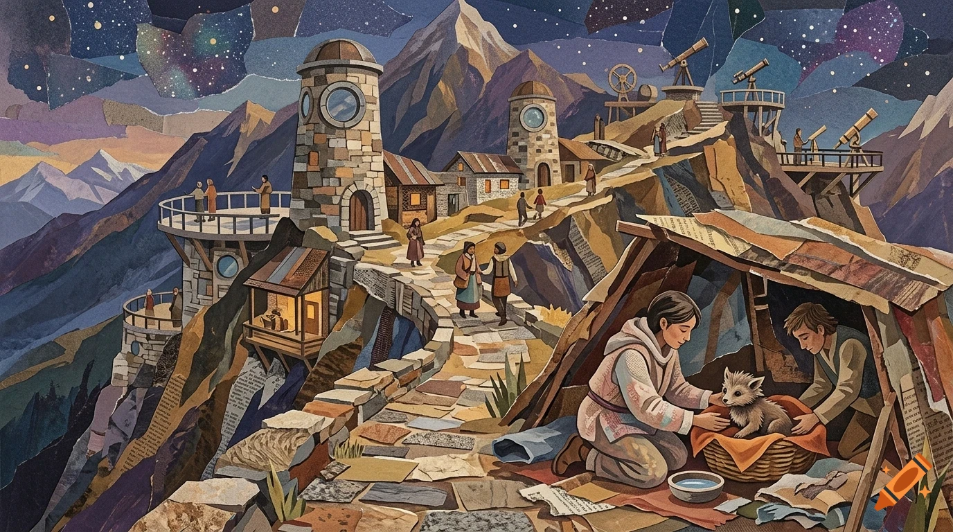 A collage-style illustration depicting a mountain observatory village at night with people walking pathways, buildings, towers, and stargazing equipment.