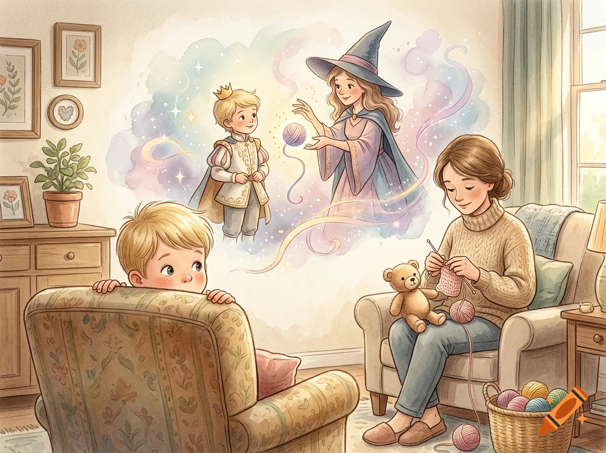 Children's picture book illustration of a boy watching his mother crochet, with a watercolor fantasy scene of a witch above.