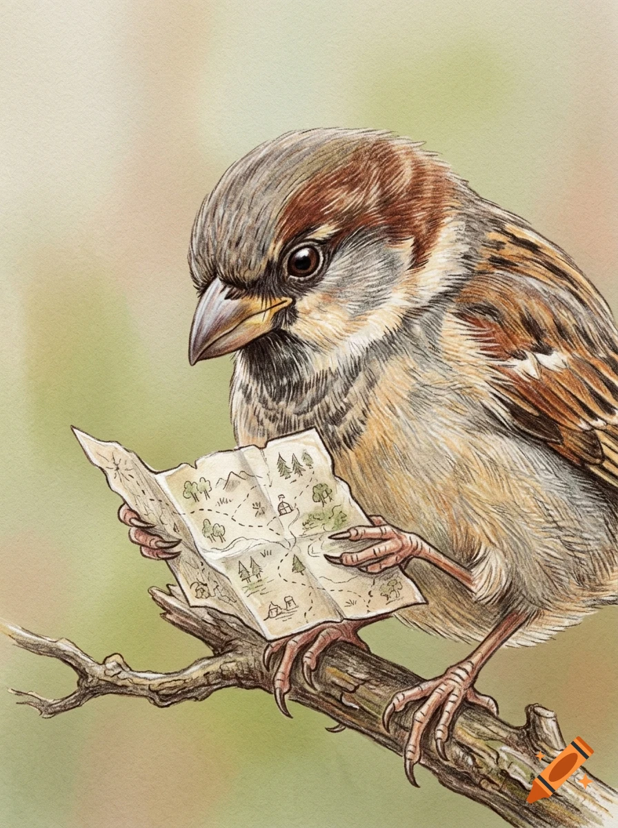 A close-up illustration of a sparrow perched on a branch, holding and reading a small paper map.