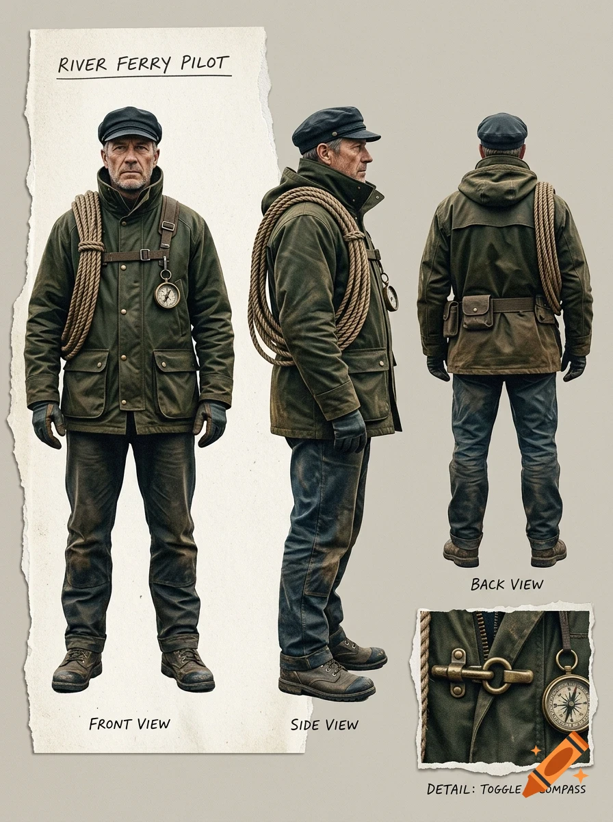 Character design sheet showing front, side, and back views of a river ferry pilot wearing a green jacket, cap, and carrying a coiled rope.