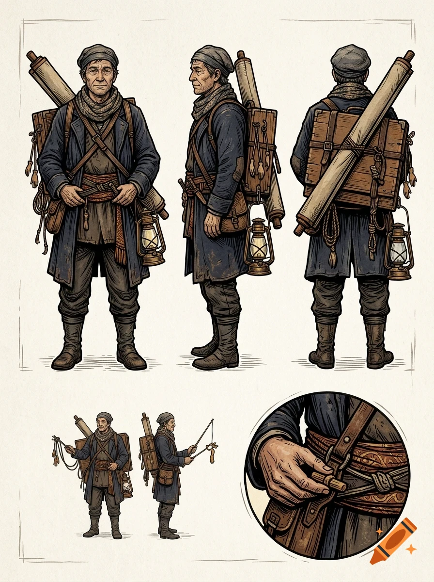 Character concept art showing multiple views of a man carrying a backpack, scrolls, and a lantern, rendered in an illustrated style.