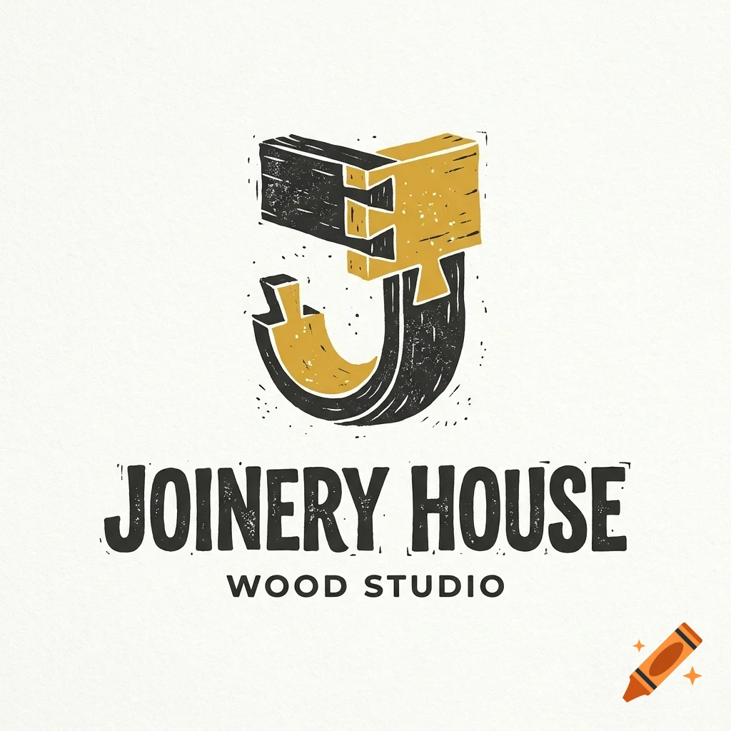 A logo for Joinery House Wood Studio featuring a letter J made of wooden dovetail joints in black and yellow.