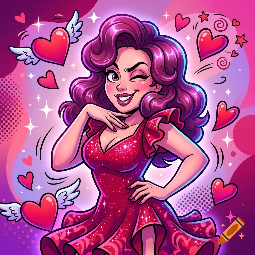 Cartoon illustration of a winking woman with purple hair in a sparkly red dress surrounded by floating hearts and sparkles.