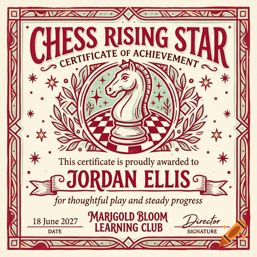 An illustrated certificate of achievement for Chess Rising Star featuring a chess knight piece inside a circular medallion with stars and decorative borders.