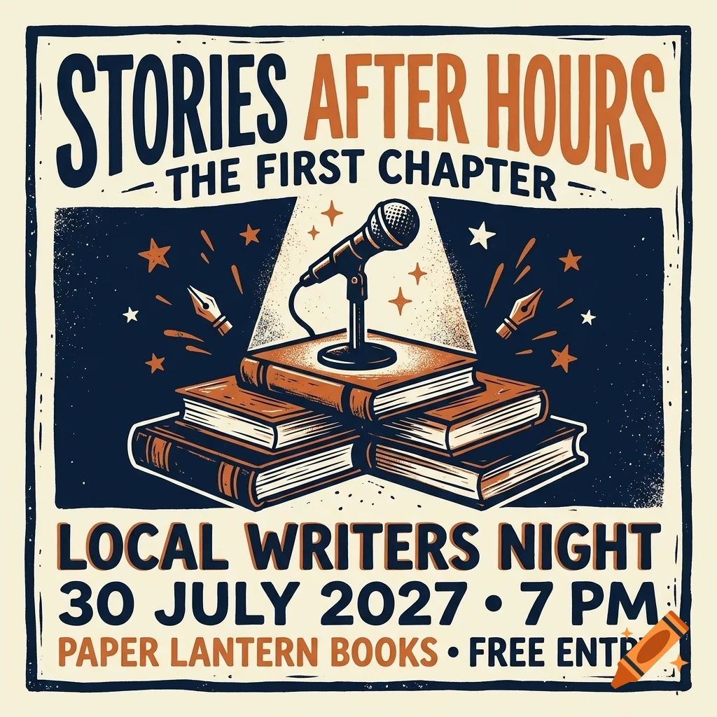 An illustrated event poster for Local Writers Night, featuring a microphone on a stack of books, ink nibs, stars, and text reading Stories After Hours.