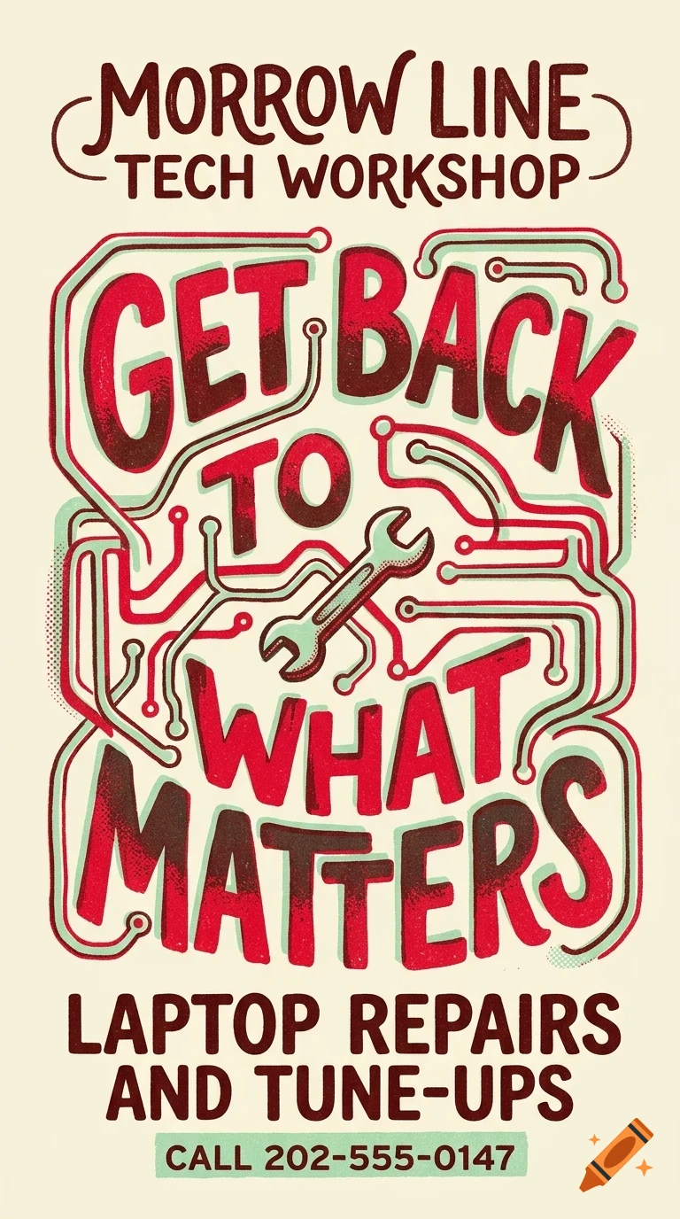 An illustrated poster for Morrow Line Tech Workshop featuring bold lettering, a wrench, and circuit board graphics.