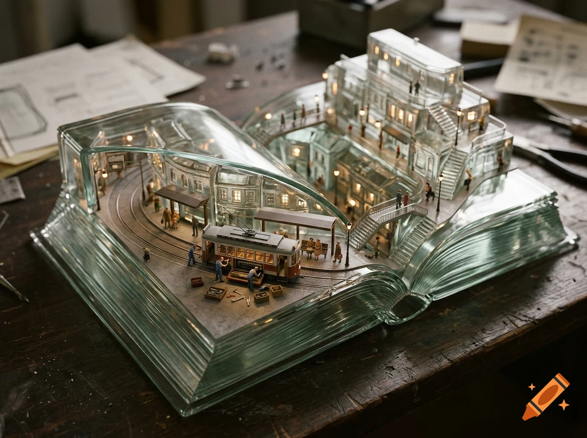 A miniature diorama built inside a glass book sculpture, depicting a city street with a tram and tiny people.