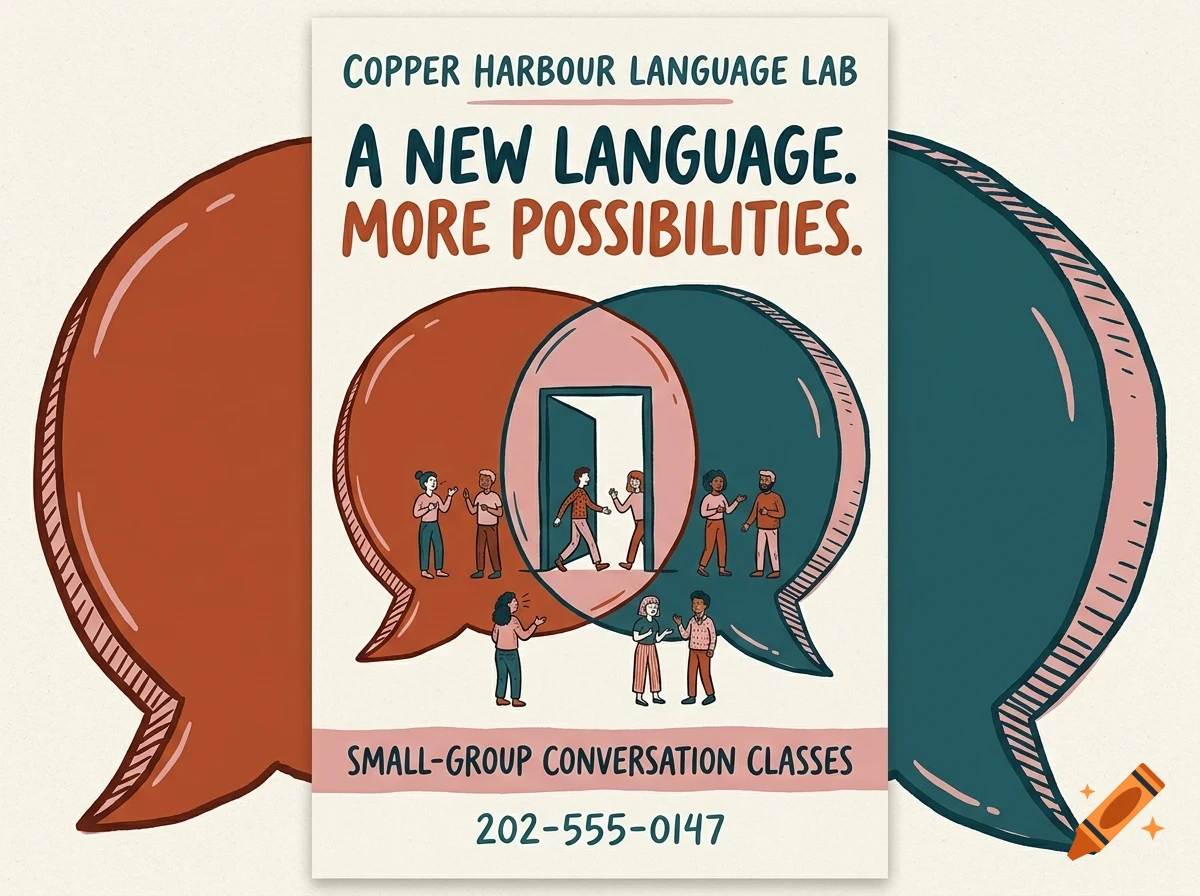 An illustrative poster for a language lab featuring intersecting speech bubbles with small figures talking and an open door at the center.