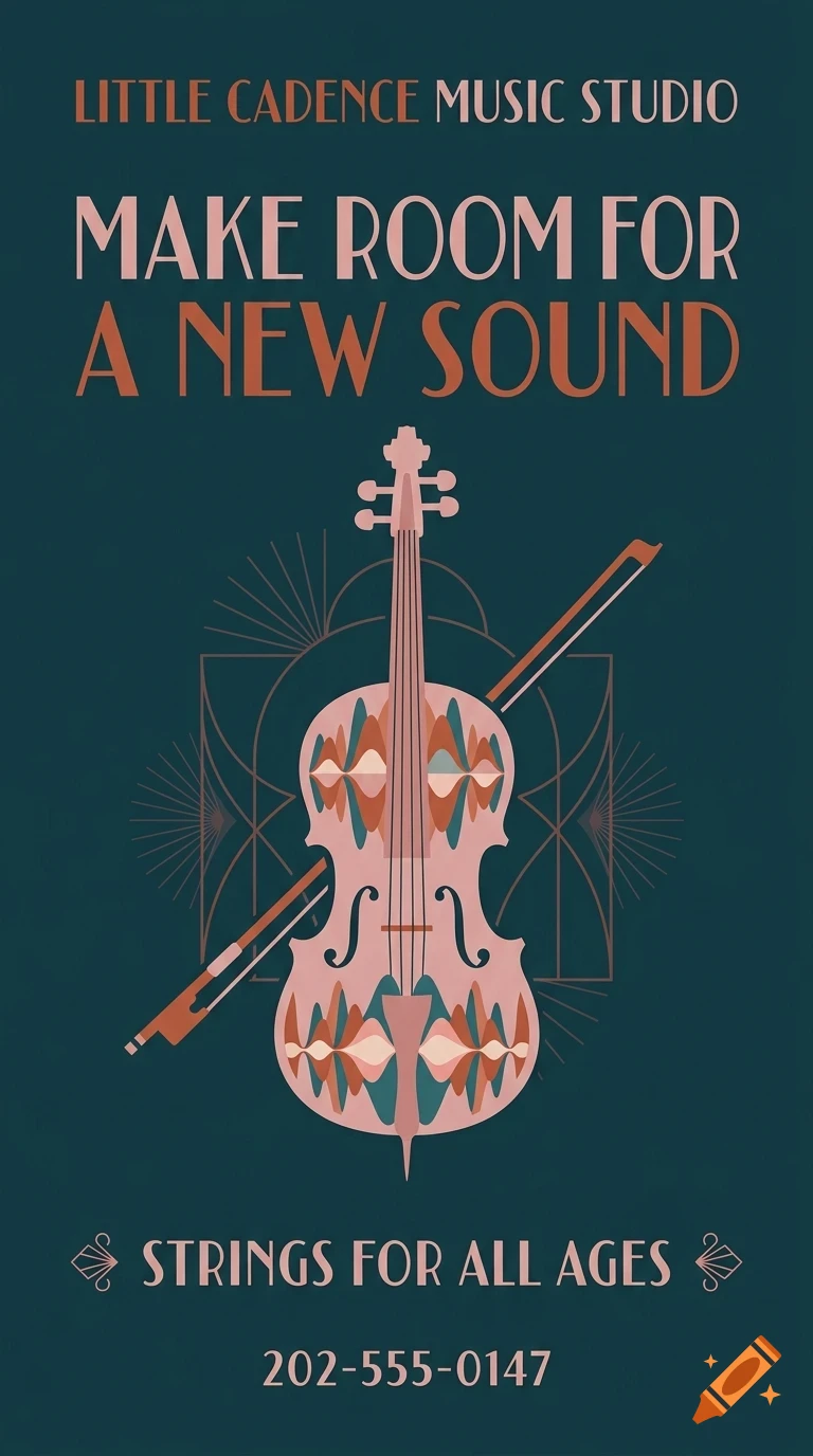 An art deco style poster featuring a cello and bow, with the text LITTLE CADENCE MUSIC STUDIO, MAKE ROOM FOR A NEW SOUND, STRINGS FOR ALL AGES, and a phone number.