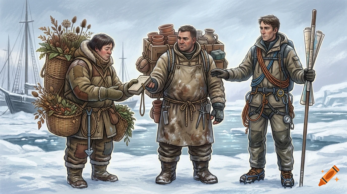 Three explorers or traders in cold-weather gear stand on snow and ice, with ships and frozen water in the background.