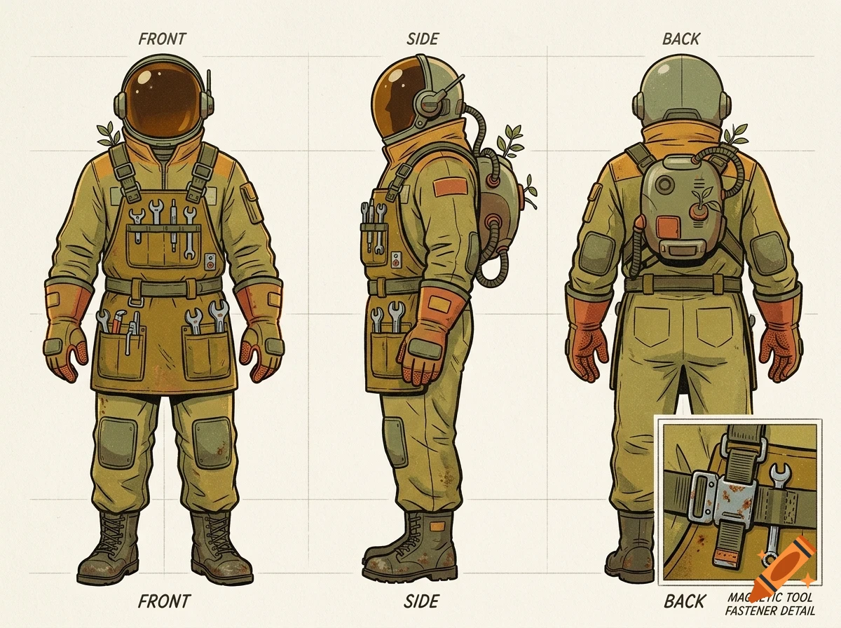 Character design sheet showing front, side, and back views of an astronaut in a spacesuit with tool pouches, plus a detail view of a magnetic fastener.