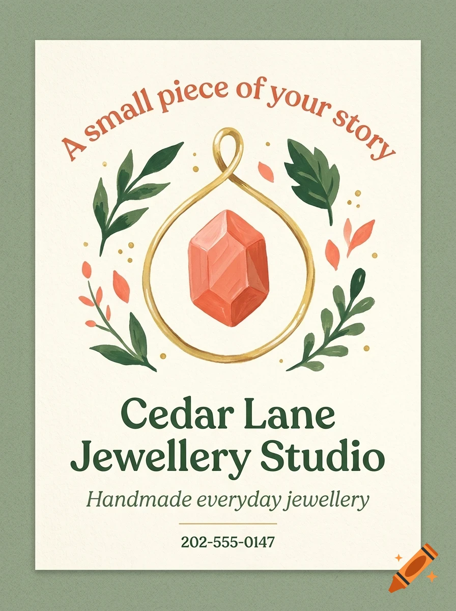 An advertisement for Cedar Lane Jewellery Studio featuring a red crystal pendant illustration and business text.