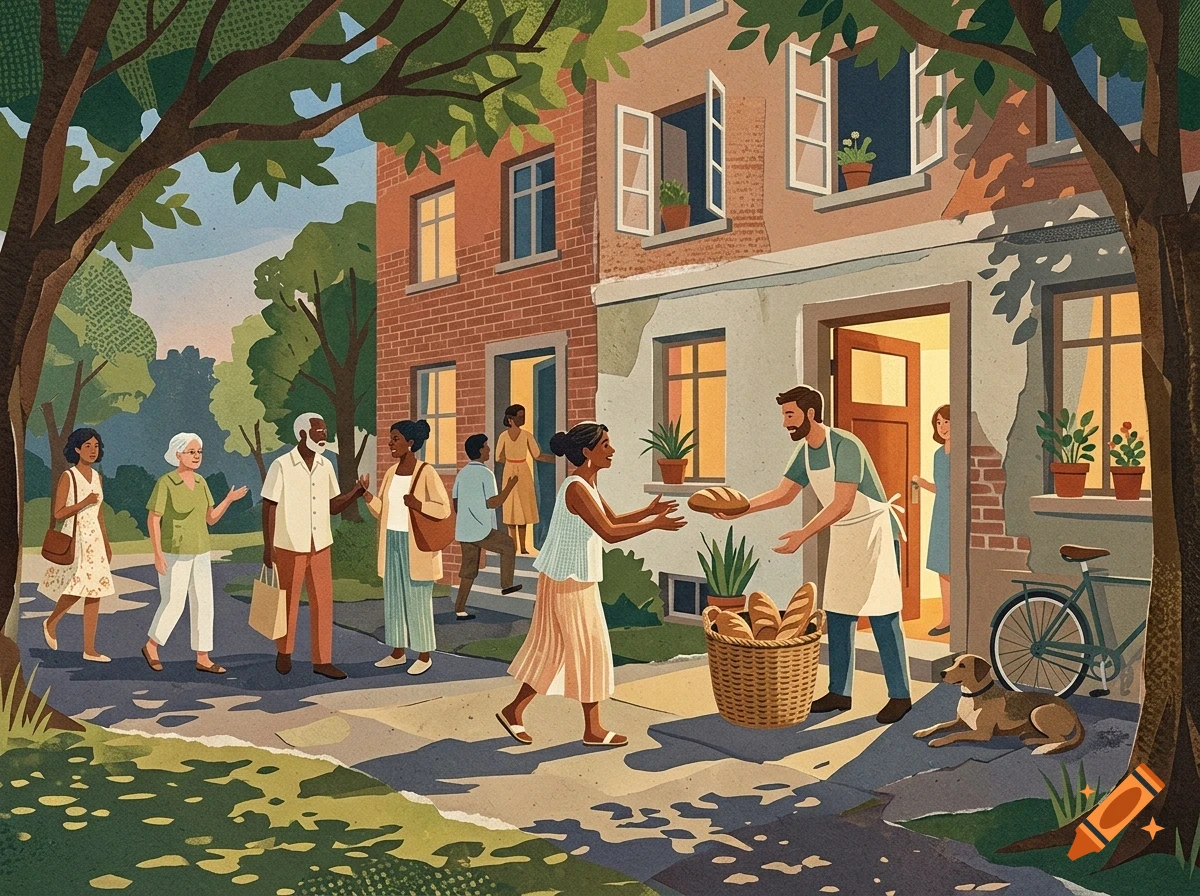 An illustration of a bakery storefront on a sunny street, where a baker hands a loaf of bread to a customer, with neighbors walking by and a dog resting nearby.