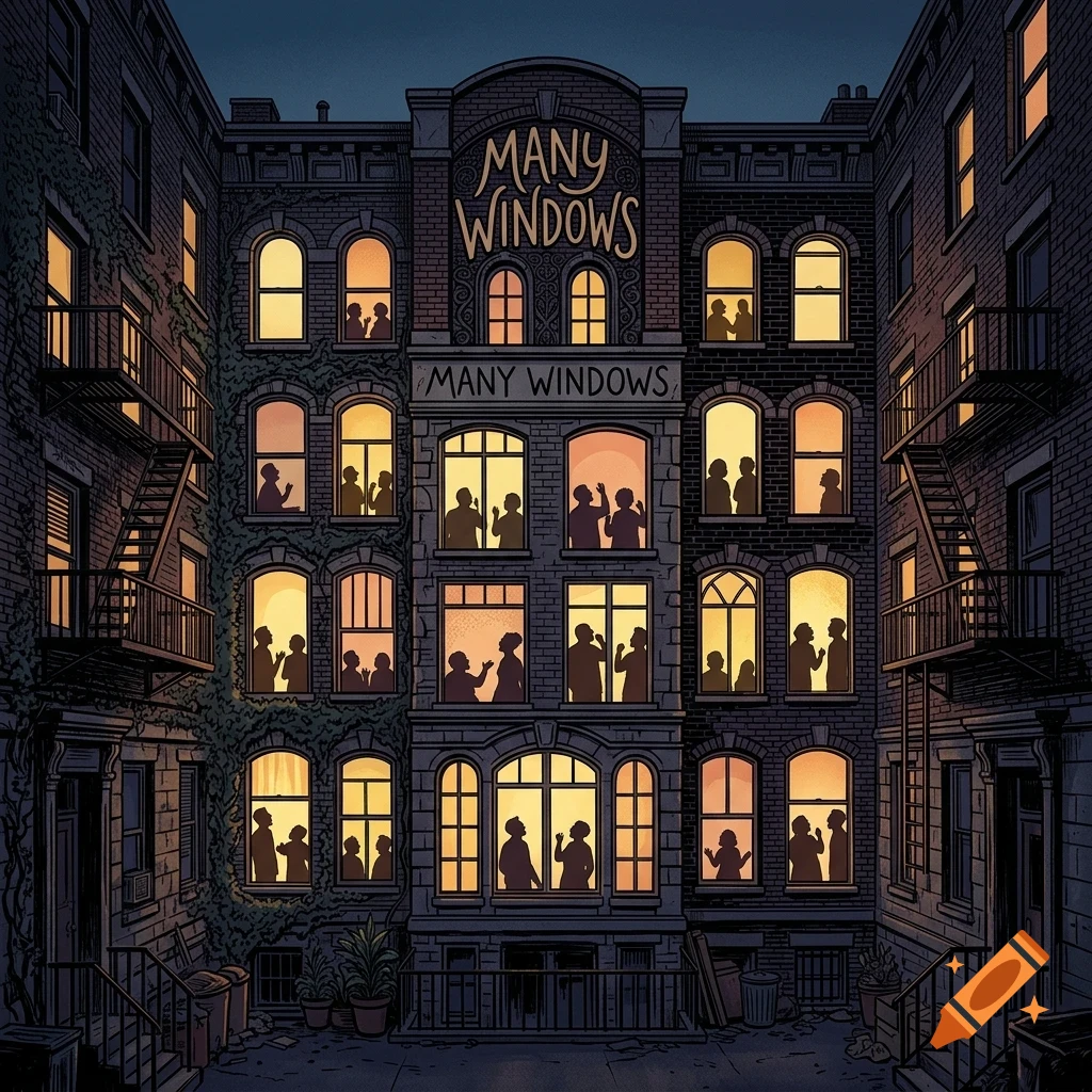 An illustration of an urban apartment building exterior at night with illuminated windows showing silhouettes of people.