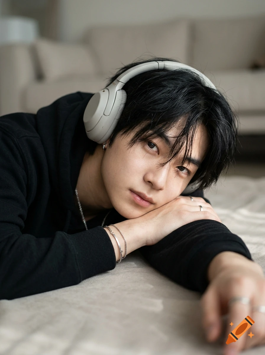 Photorealistic close-up of a young Asian man wearing a black hoodie and light grey headphones, lying down and resting his head on his arm.