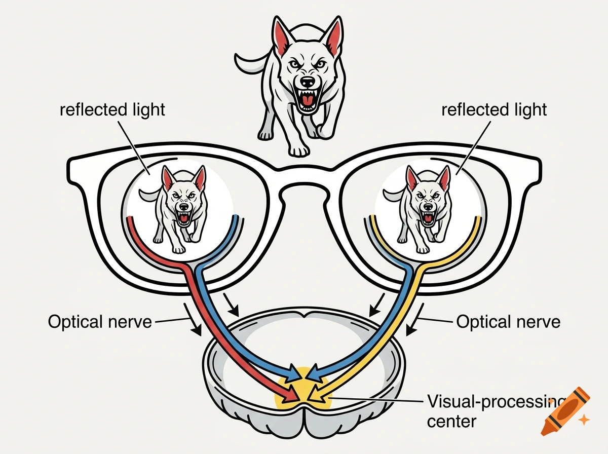 Clipart style illustration of glasses showing a dog being reflected and processed through the optical nerves into the brain.