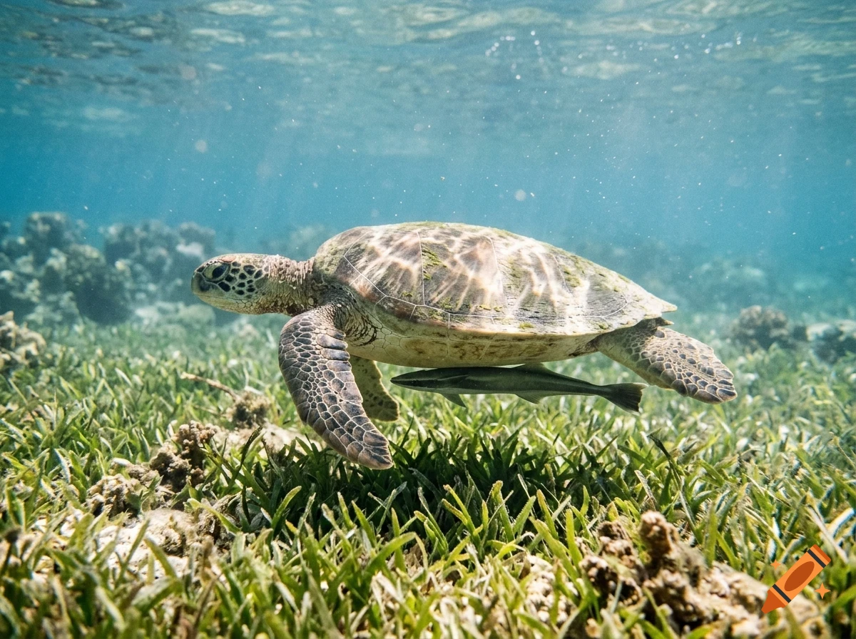 A sea turtle swimming above a seagrass bed in shallow water.