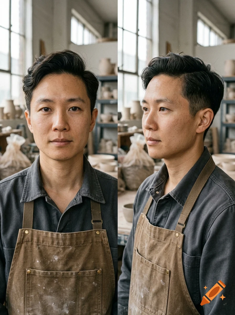 Two-panel portrait of a man wearing a brown apron in a pottery studio.