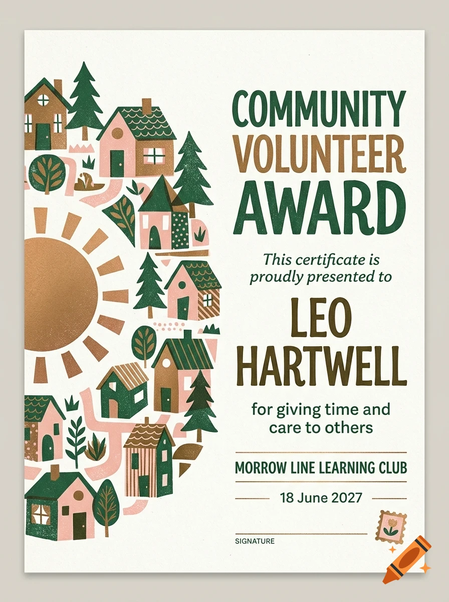 An award certificate with a stylized illustration of houses, trees, and a sun on the left side and text on the right.