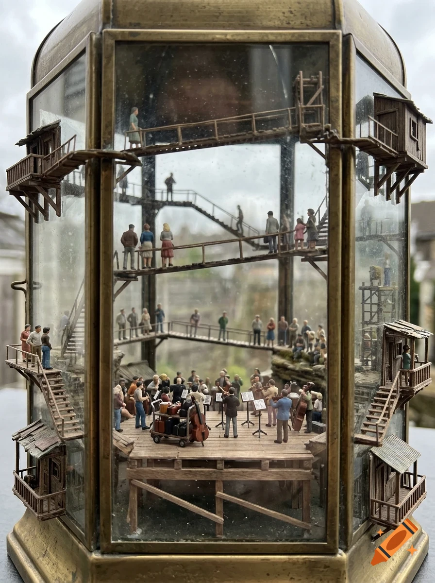 A detailed diorama inside a glass-and-brass hexagonal container features miniature figures walking on walkways and stairs, with an orchestra performing on a central stage.