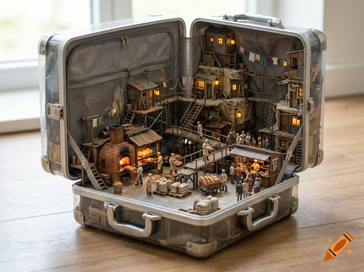 An open metallic suitcase filled with a detailed miniature village diorama featuring tiny buildings, figures, and lit windows.