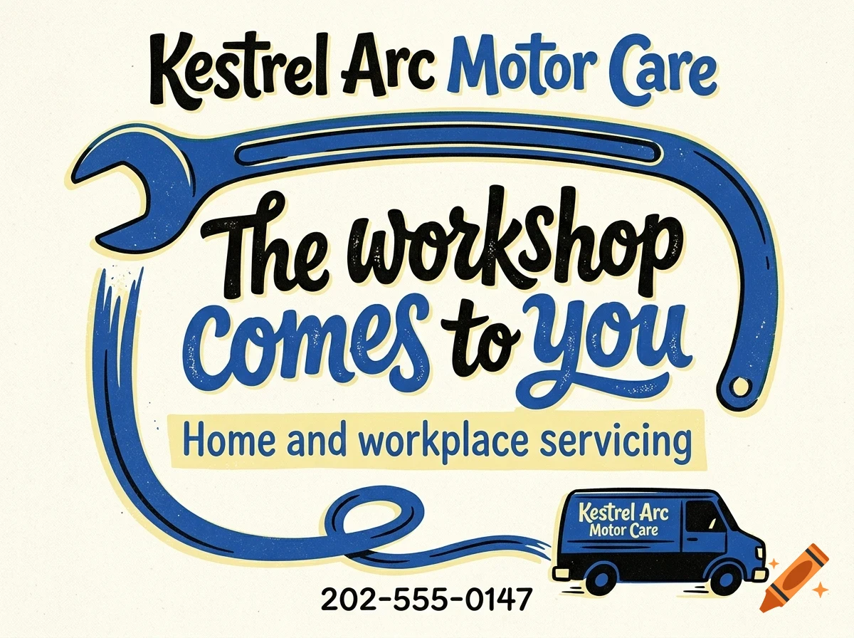 An advertisement for Kestrel Arc Motor Care featuring a large blue wrench and a blue service van illustration, with text reading The workshop comes to you.