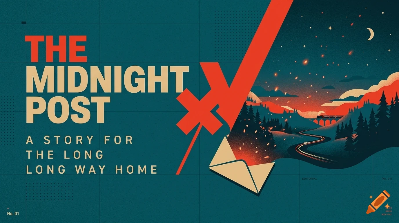An illustration with text saying The Midnight Post, featuring an envelope opening into a night landscape with mountains, trees, and a train.