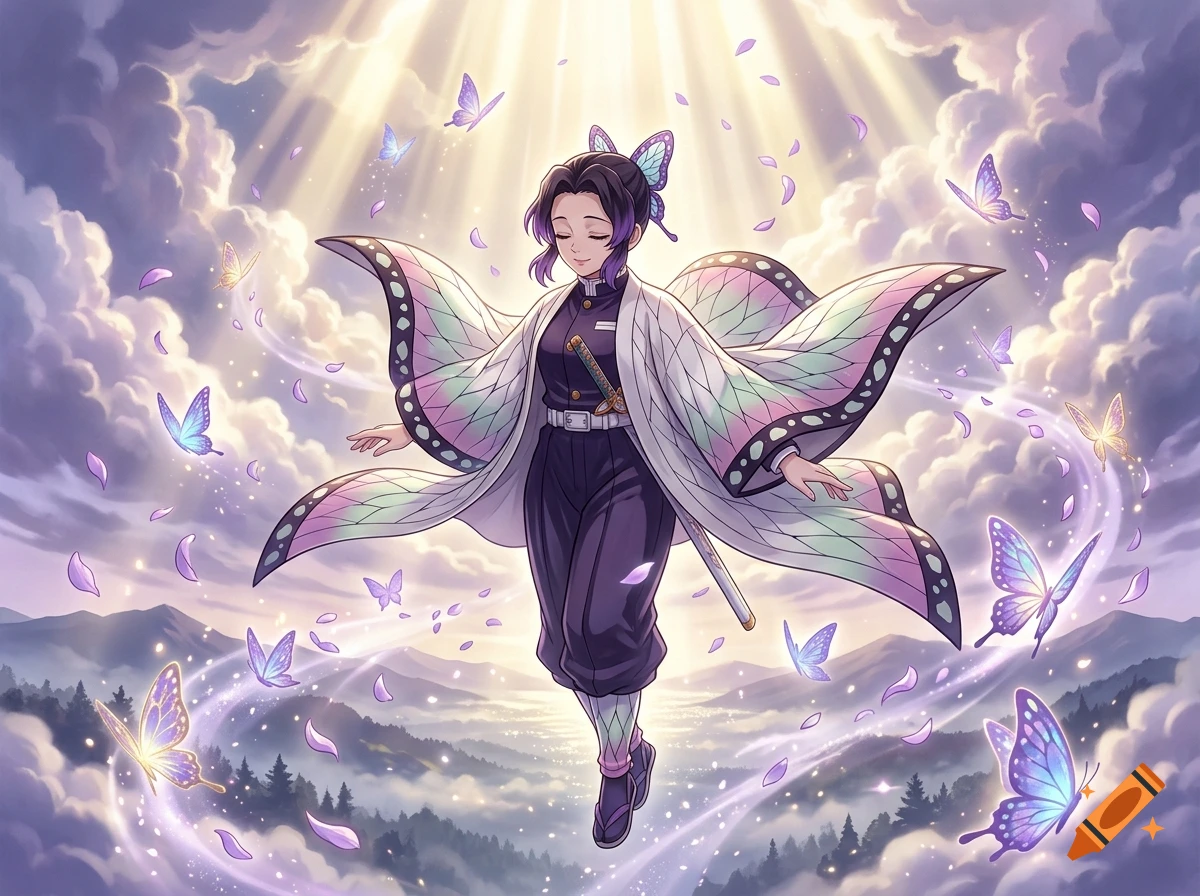 Anime illustration of Shinobu Kocho with butterfly wings ascending to heaven amidst glowing butterflies and divine light.