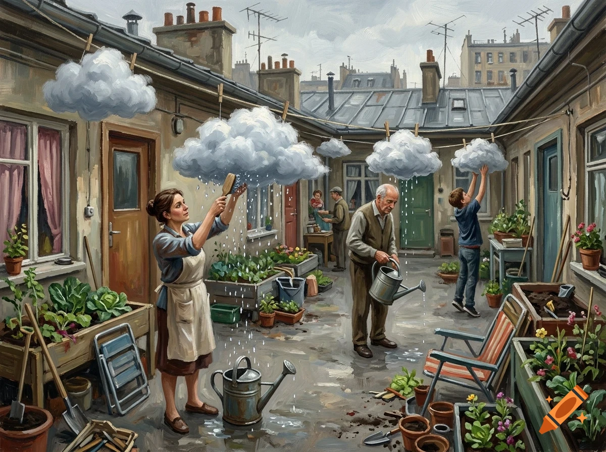 An oil painting of people in a courtyard tending to plants with small rain-producing clouds hanging overhead on clotheslines.