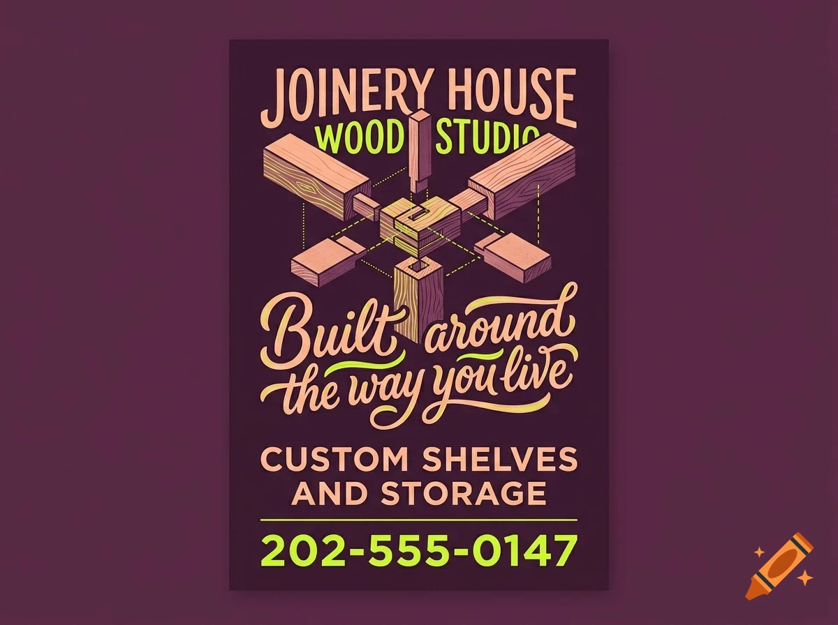 An advertisement for Joinery House Wood Studio showing a wooden mortise and tenon joint illustration with text reading Built around the way you live.
