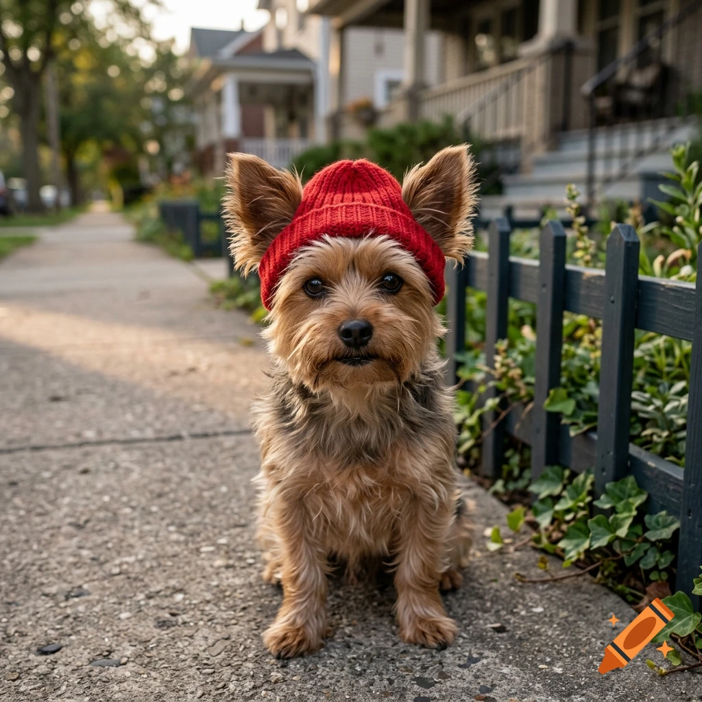 Photorealistic image of a small Yorkshire Terrier dog wearing a red knit beanie, sitting on a sidewalk next to a fence.