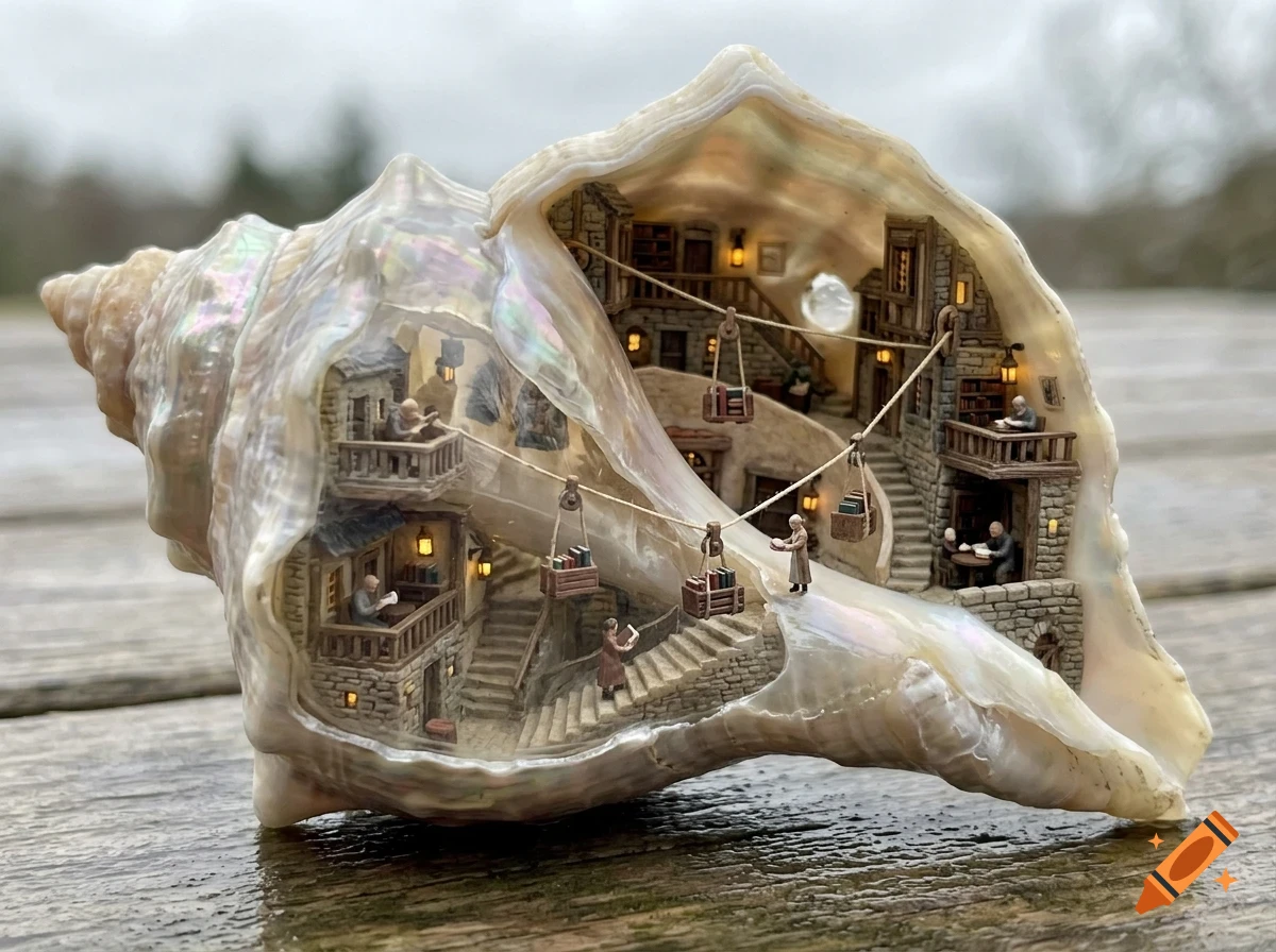 A detailed miniature village built inside a cutaway seashell, featuring tiny stone buildings, staircases, and miniature figures.