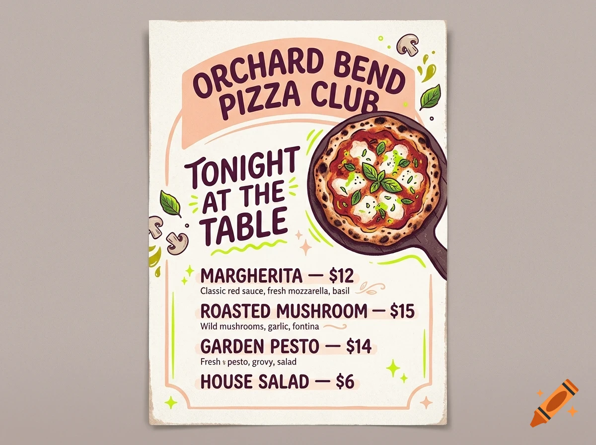 An illustrated menu poster for Orchard Bend Pizza Club showing a pizza and prices.
