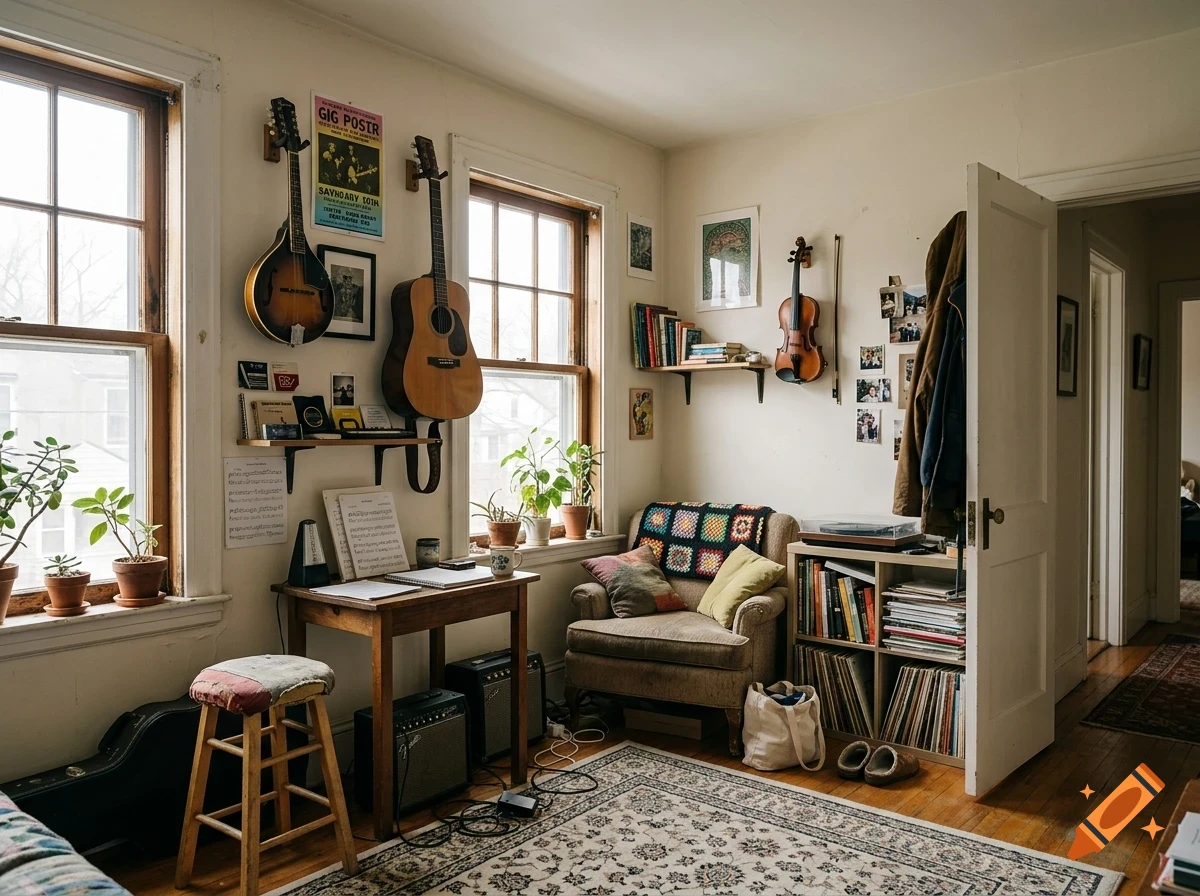 A cozy, sunlit room filled with musical instruments, including guitars and a violin on the walls, a desk, a bookshelf with records, and a comfortable armchair.