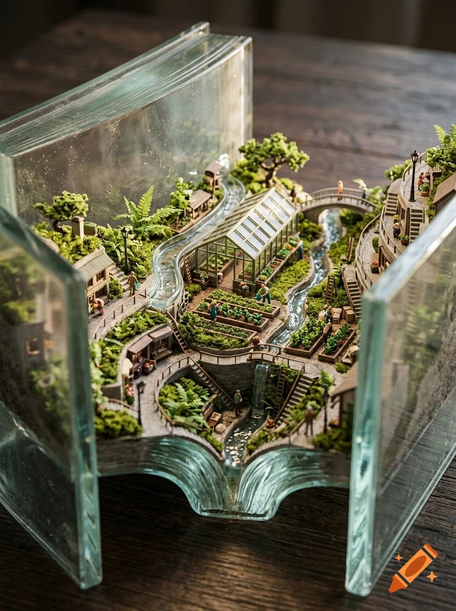 An intricate miniature diorama built inside a hollowed-out glass book, featuring tiny buildings, gardens, a greenhouse, a stream, and miniature figures.